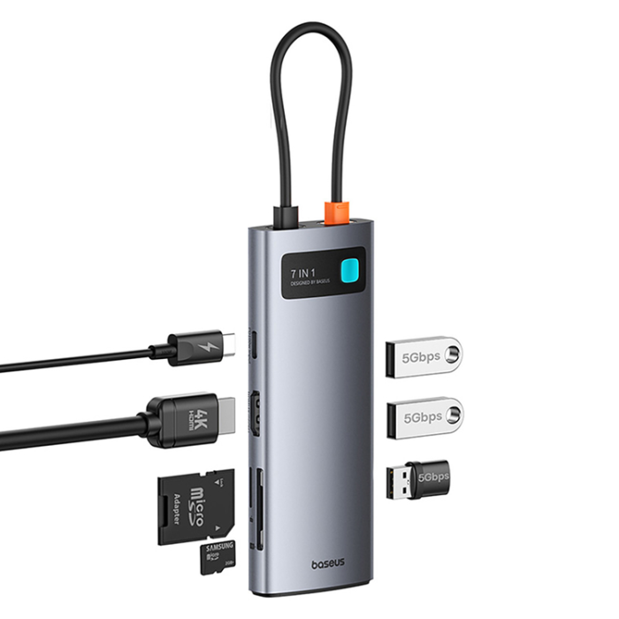 BASEUS - Baseus 7in1 HDMI-Hubb USB-C PD 4K 60Hz USB-C 3xUSB 3.0 SD microSD - Grå