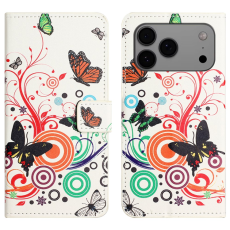 A-One Brand - iPhone 17 Pro Plånboksfodral Pattern Print Läder - Vit Fjäril