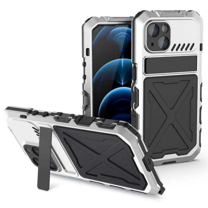 R-JUST - R-JUST Mobilskal till iPhone 14 Kickstand i Silikon + Metall Silver