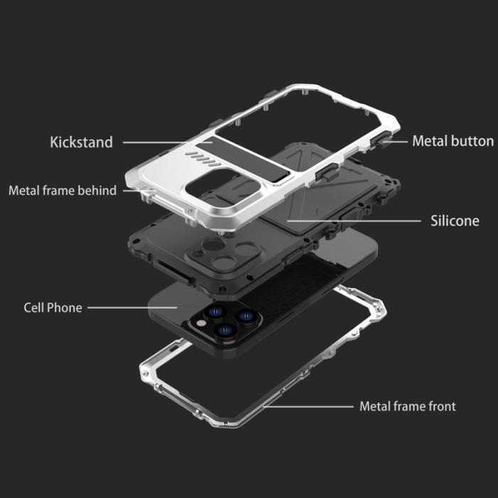 R-JUST - R-JUST Mobilskal till iPhone 14 Kickstand i Silikon + Metall Silver