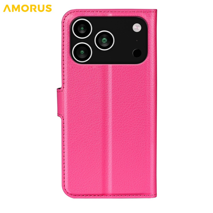 Amorus - AMORUS iPhone 17 Pro Max Plånboksfodral Flipstativ Litchi - Rose