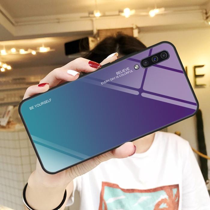 UTGATT4 - Härdat Glas Mobilskal till Samsung Galaxy A50 - Lila/Turkos