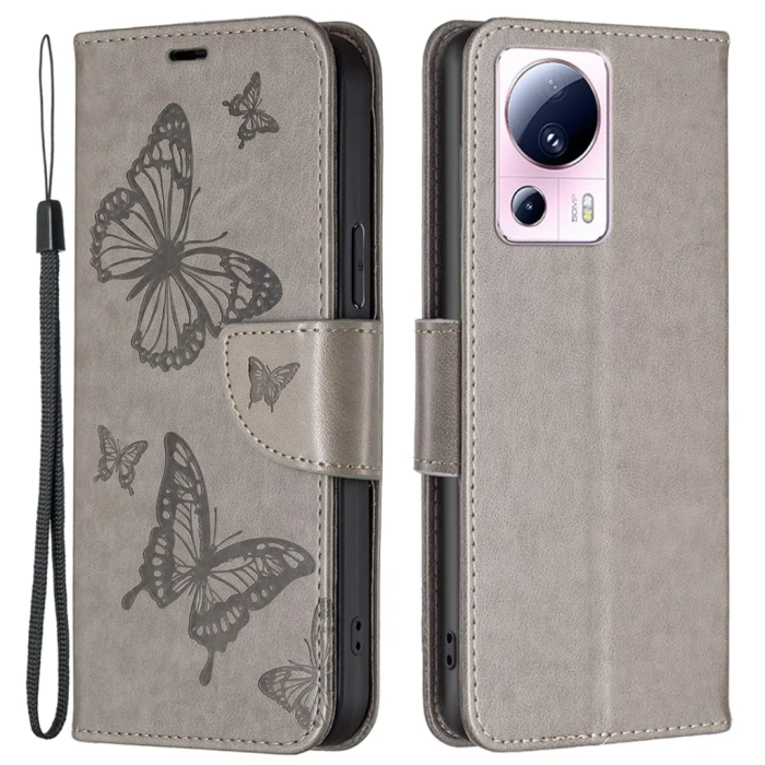 Taltech - Xiaomi 13 Lite 5G Plånboksfodral Fjärilstryck - Grå