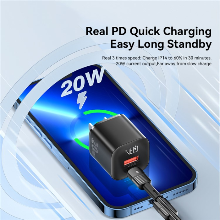 ESSAGER - ESSAGER GaN Snabbladdare 20W USB-A - USB-C US Curved - Vit