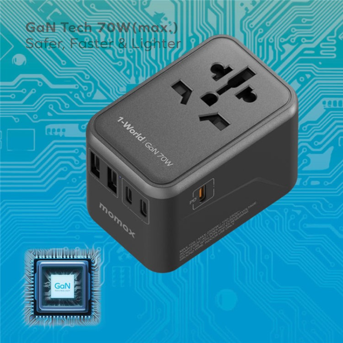 MOMAX - MOMAX GaN Väggladdare 3x USB-C - 2x USB-A 70W PD UA8A Svart
