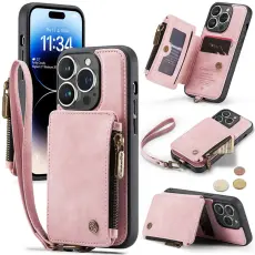 Caseme - CASEME iPhone 14 Pro Max Pl&aring;nboksfodral C20 Zipper Kickstand - Rosa