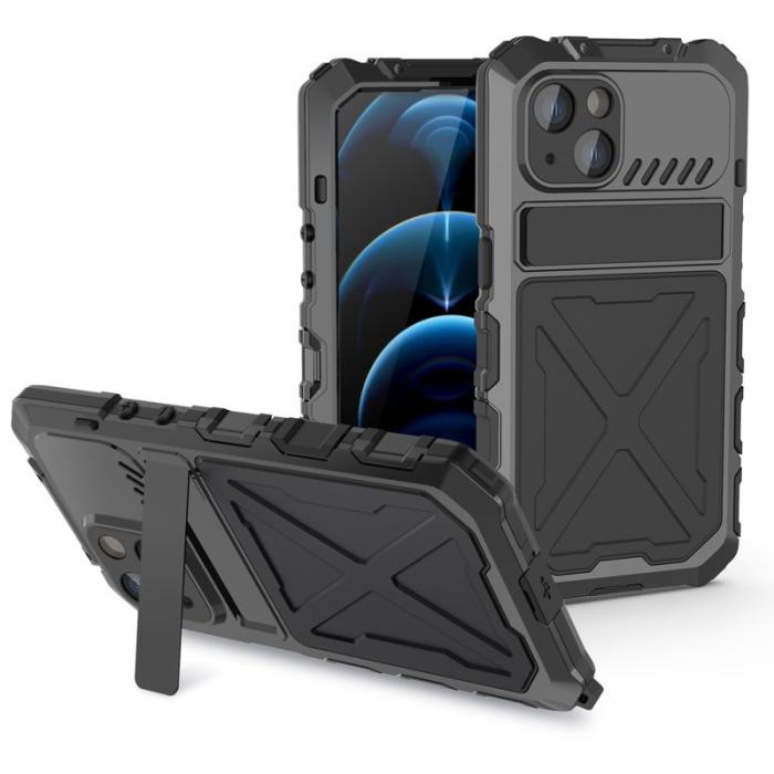 R-JUST - R-JUST Mobilskal till iPhone 14 Kickstand Silikon + Metall Svart