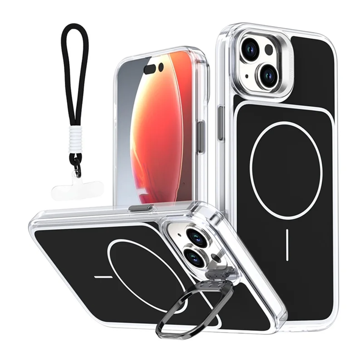 iPhone 15 Plus Mobilskal MagSafe Lens Kickstand med Handrem (Svart) | 2353 | AlltMobil