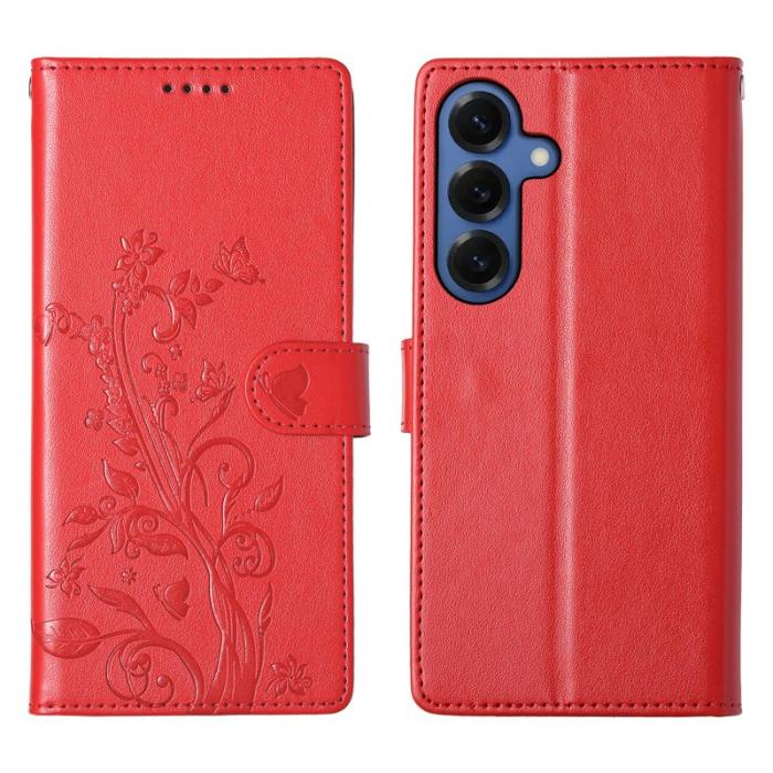 OEM - Samsung Galaxy S26 Plånboksfodral Fjäril Blommönster Konstläder - Röd