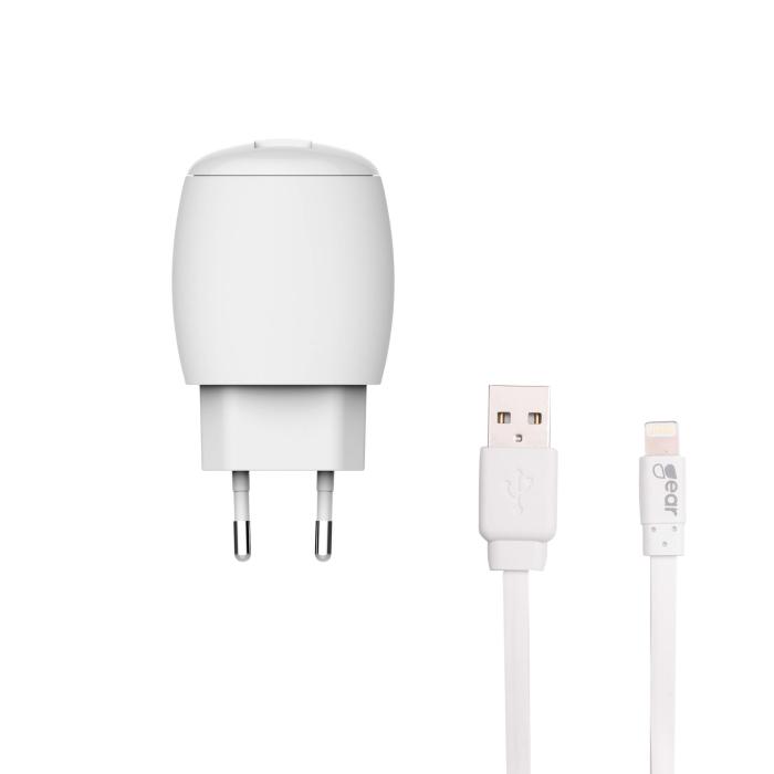 UTGATT4 - GEAR Laddare 220V 2xUSB 2,4A Lightning Kabel platt 1m MFI - Vit