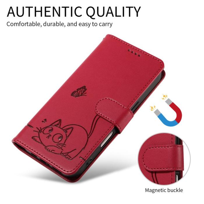 OEM - Samsung Galaxy A37 Plånboksfodral Konstläder Kattmönster - Röd