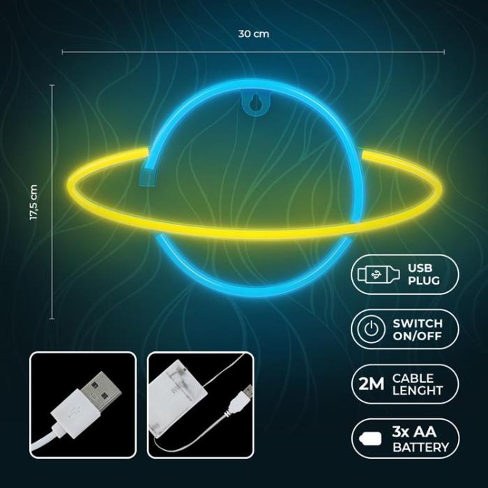 Forever Light - Forever Light LED Neon SATURN Bat FLNE11 + USB - Gul/Blå
