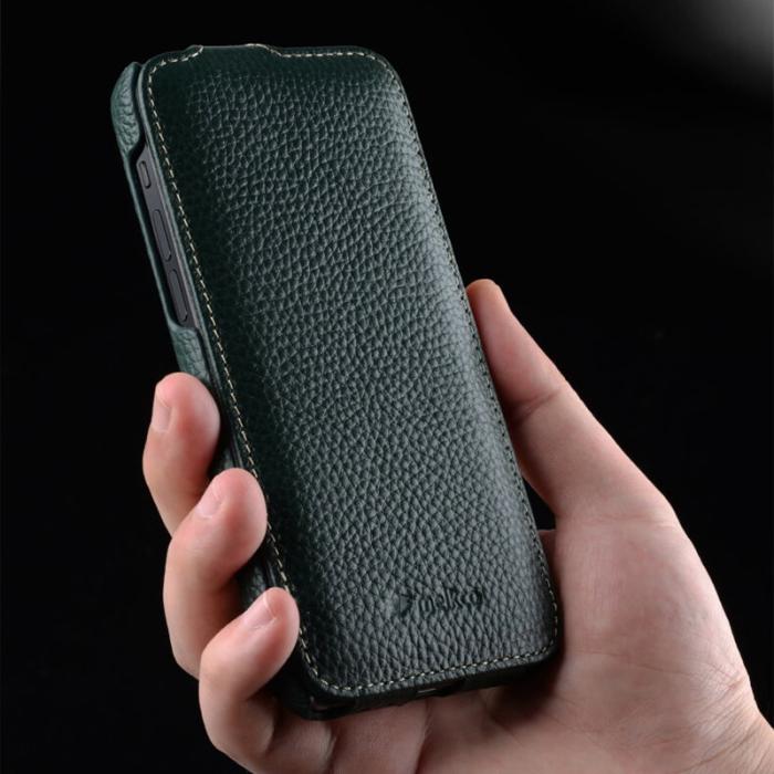 Melkco - MELKCO iPhone 14 Plus Litchi Textur Vertikalt Flipfodral Äkta Läder Svart