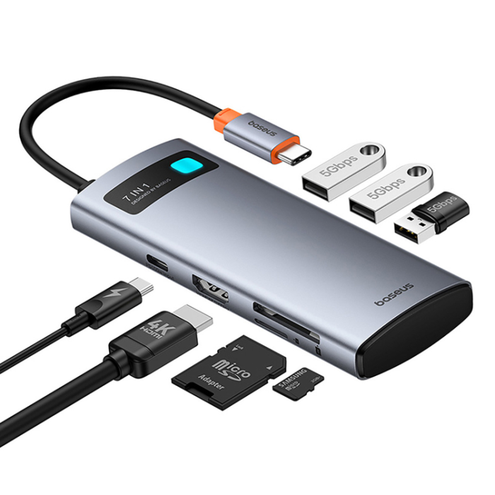 BASEUS - Baseus 7in1 HDMI-Hubb USB-C PD 4K 60Hz USB-C 3xUSB 3.0 SD microSD - Grå