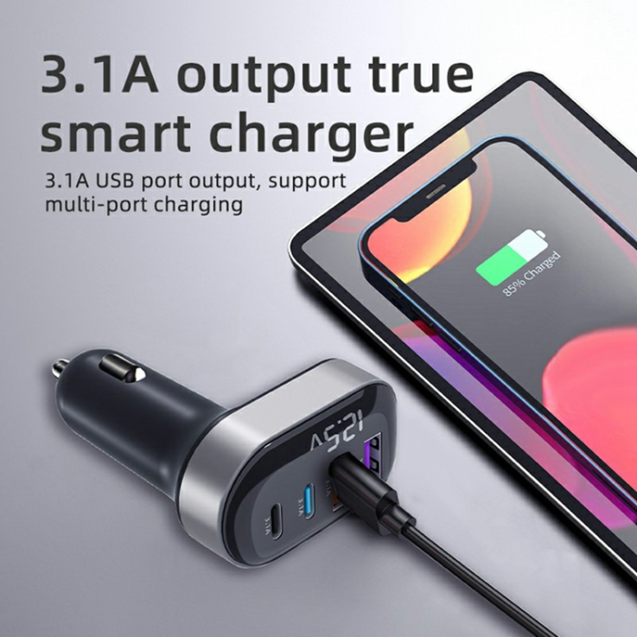 A-One Brand - Billaddare 2x USB-A - 2x USB-C med Voltage Display K33 - Svart