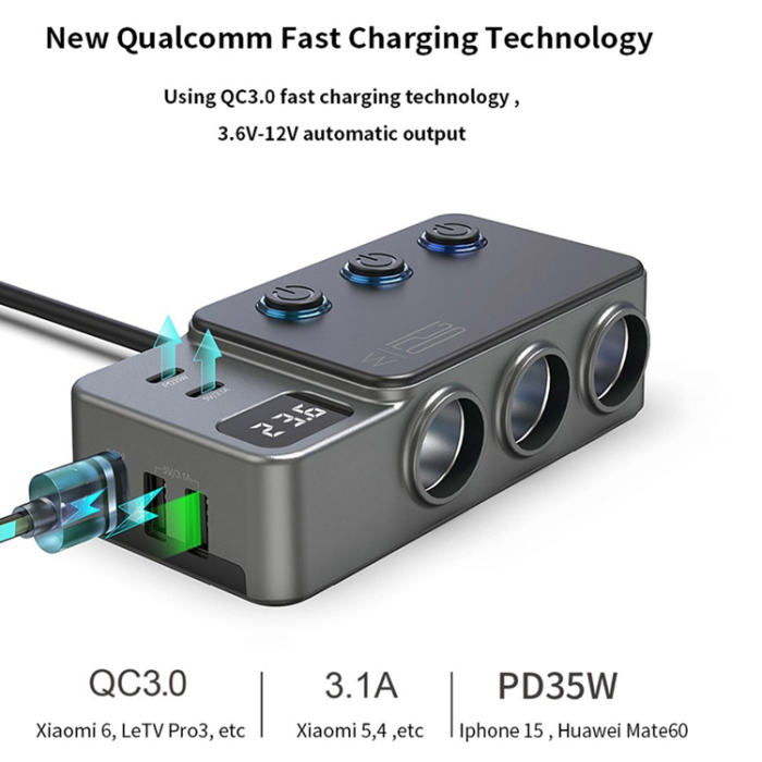 A-One Brand - 3in1 Billaddare 35W 3x USB-A/2x USB-C Cigarette Adapter 120W