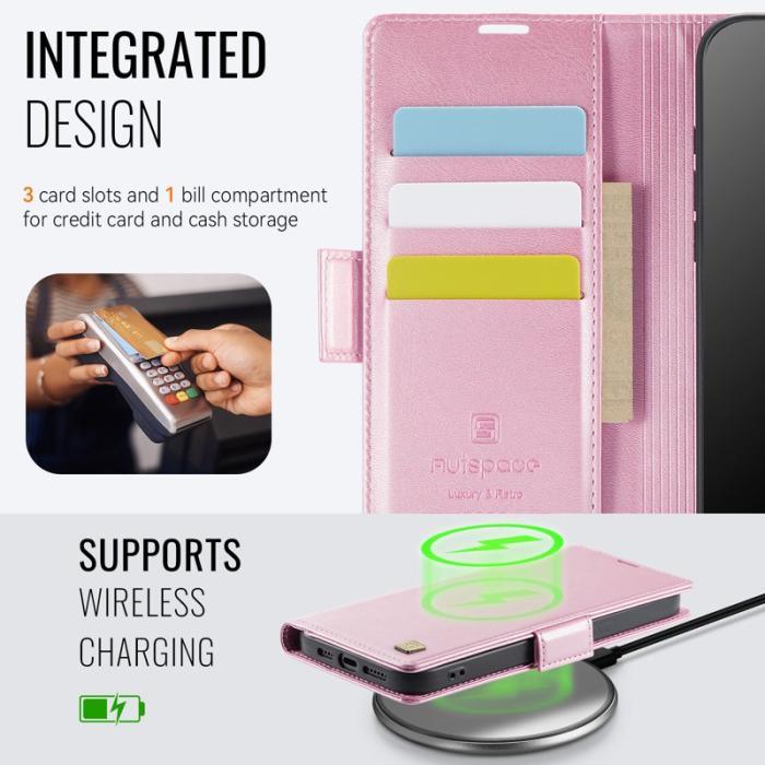 AUTSPACE - AUTSPACE iPhone 15 Fodral Retro Konstläder - RFID-Skydd - Rosa