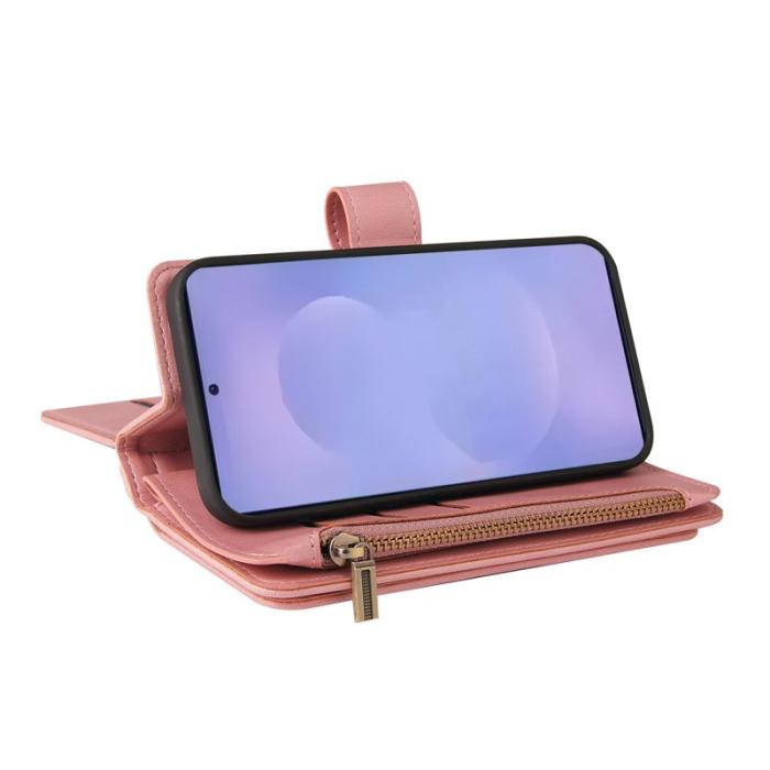 OEM - Samsung Galaxy S26 Plus Plånboksfodral Konstläder Dragkedja 15 Kortplatser Rosa