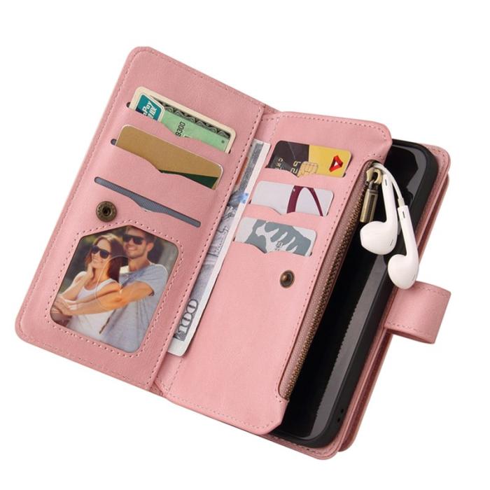 OEM - Samsung Galaxy S26 Plus Plånboksfodral Konstläder Dragkedja 15 Kortplatser Rosa