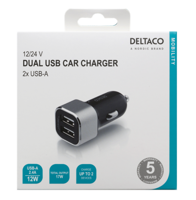 UTGATT1 - Deltaco Billaddare 2xUSB-A 17 W - Svart/Silver