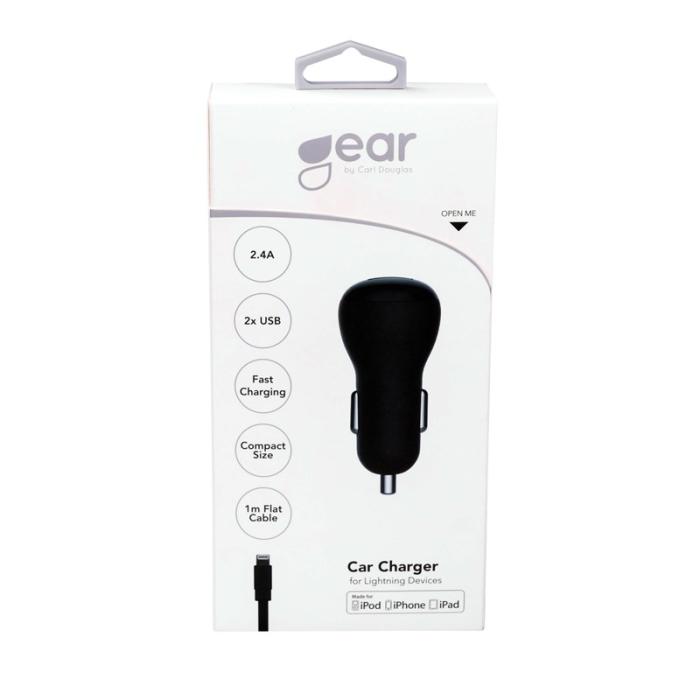 GEAR - GEAR Laddare 12-24V 2xUSB 2,4A Lightning Kabel platt 1m MFI - Svart