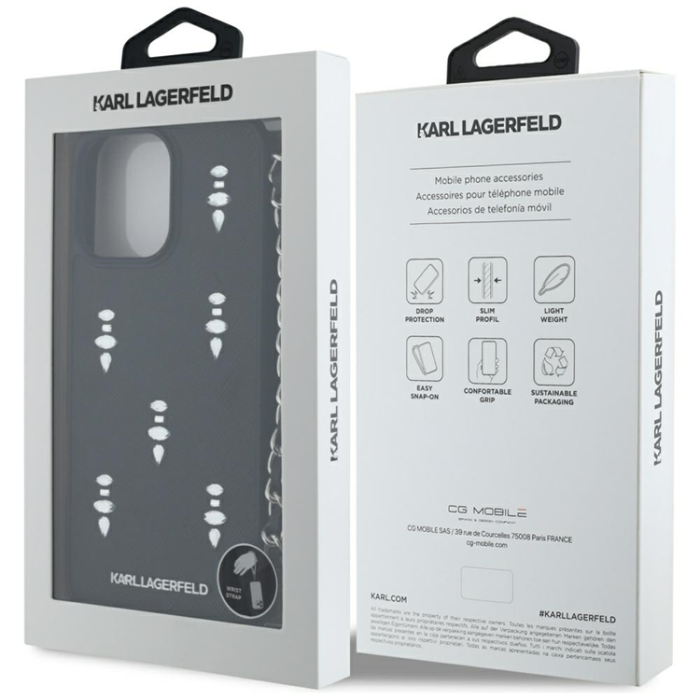 KARL LAGERFELD - Karl Lagerfeld iPhone 16 Pro Max Mobilskal Saffiano Crystals Strap - Svart