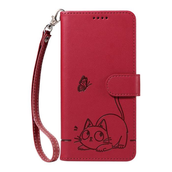 OEM - Samsung Galaxy A37 Plånboksfodral Konstläder Kattmönster - Röd