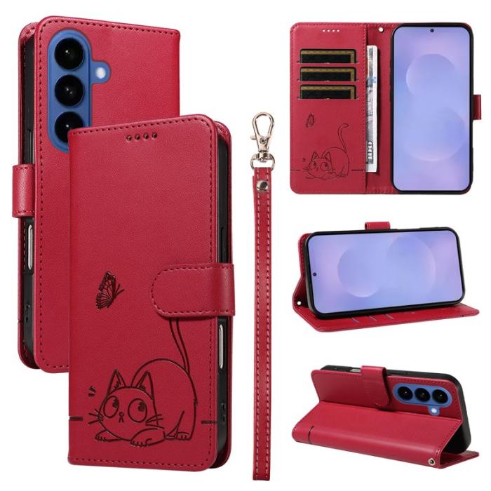 OEM - Cat Pattern Imprint Samsung Galaxy S26+ Mobilskal KonstLäder - Röd