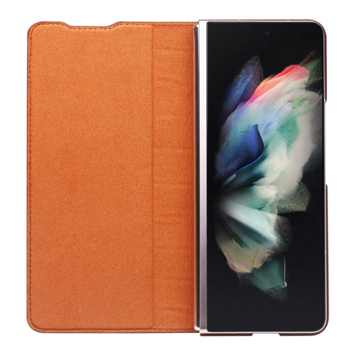 QIALINO - QIALINO Galaxy Z Fold 3 Fodral Äkta Läder Cowhide Crocodile - Brun