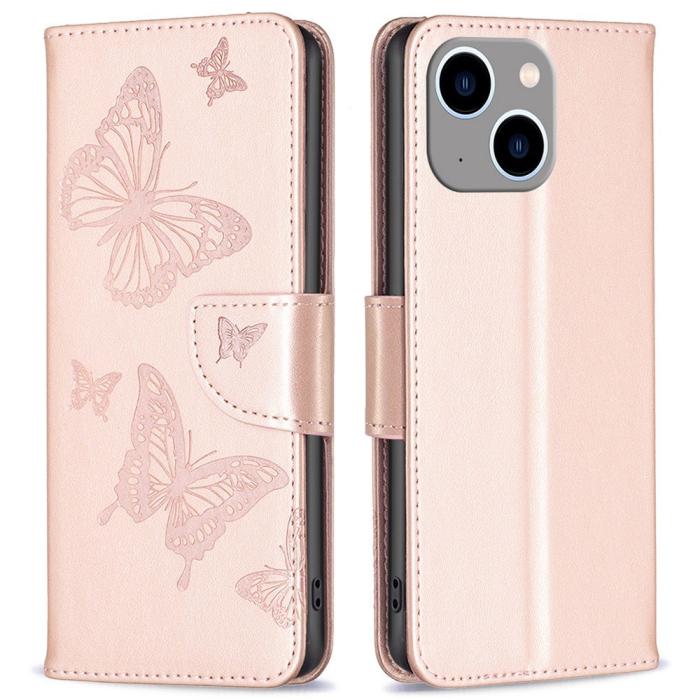 OEM - iPhone 14 Plus Plånboksfodral Butterfly Imprinted - Rosa Guld
