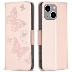 OEM - iPhone 14 Plus Pl&aring;nboksfodral Butterfly Imprinted - Rosa Guld