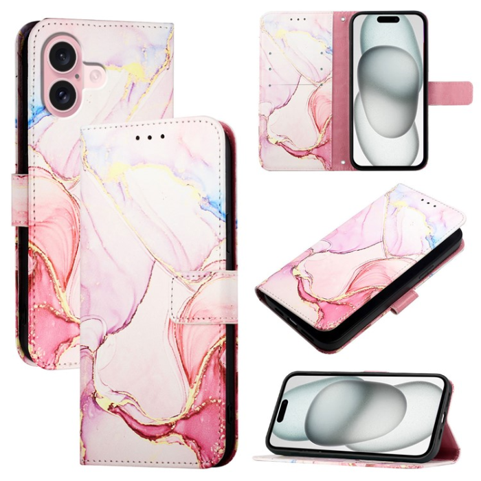 A-One Brand - iPhone 16 Plus Plånboksfodral Marble Pattern med Rem LS005