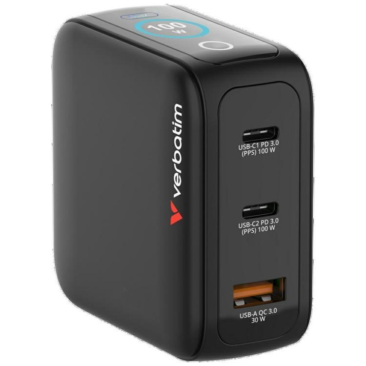 Verbatim Snabbladdare 100W 2xUSB-C 1xUSB-A GaN Mini EU/UK/USA - Svart