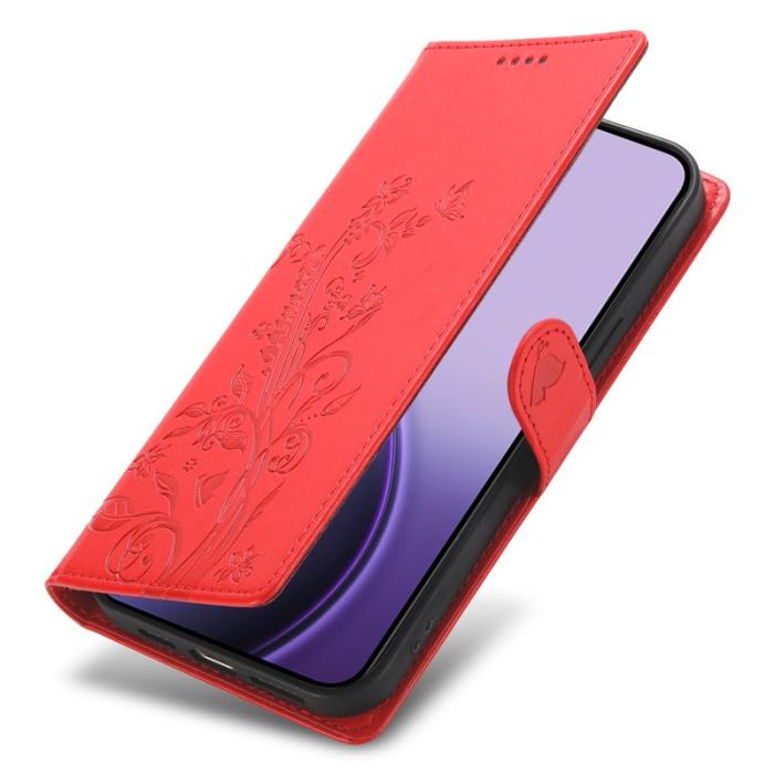 OEM - Samsung Galaxy S26 Plånboksfodral Fjäril Blommönster Konstläder - Röd