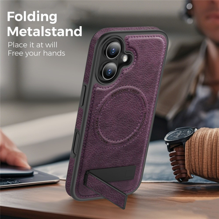 A-One Brand - iPhone 17 Mobilskal MagSafe Kickstand Läder - Mörklila
