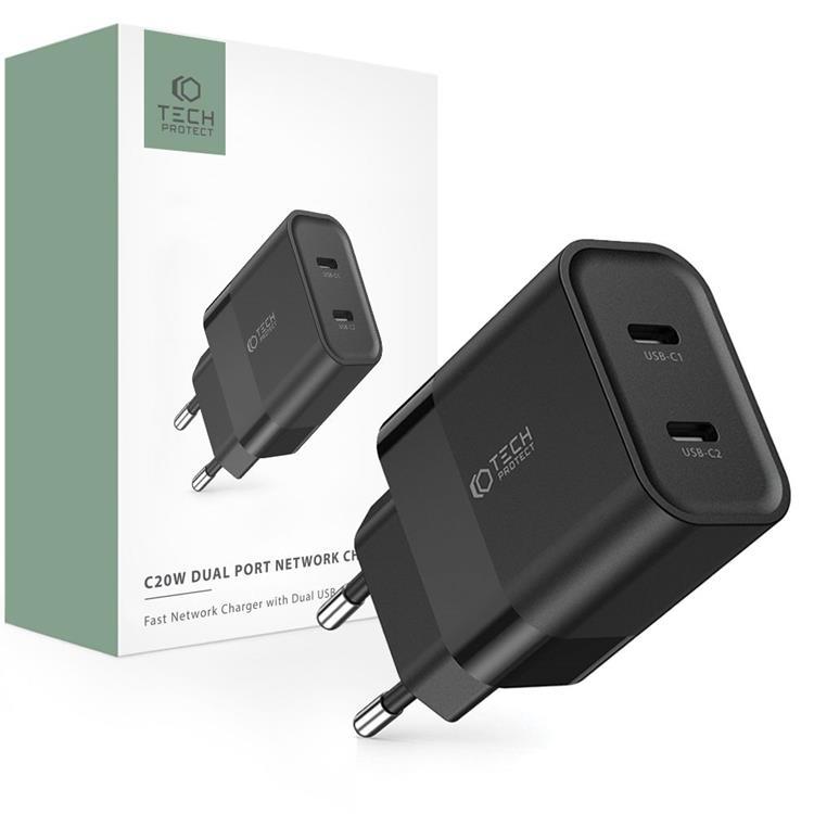 Tech-Protect 2-Port Väggladdare USB-C PD20W - Svart | 505295 | AlltMobil