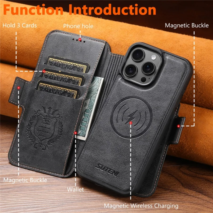 SUTENI - SUTENI iPhone 16 Pro Max Plånboksfodral Magsafe Cowhide - Svart