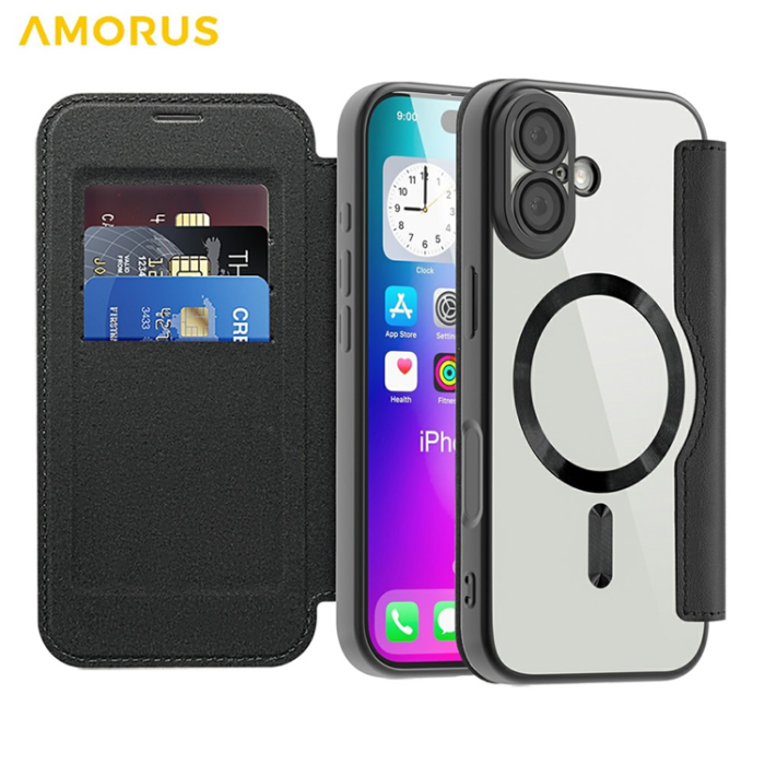 Amorus - AMORUS iPhone 17 Plånboksfodral MagSafe RFID Blocking - Svart