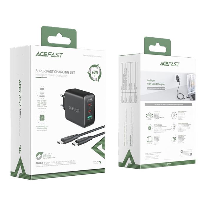 Acefast - Acefast 2in1 Väggladdare 2x USB-C Till USB 65W Kabel - Svart