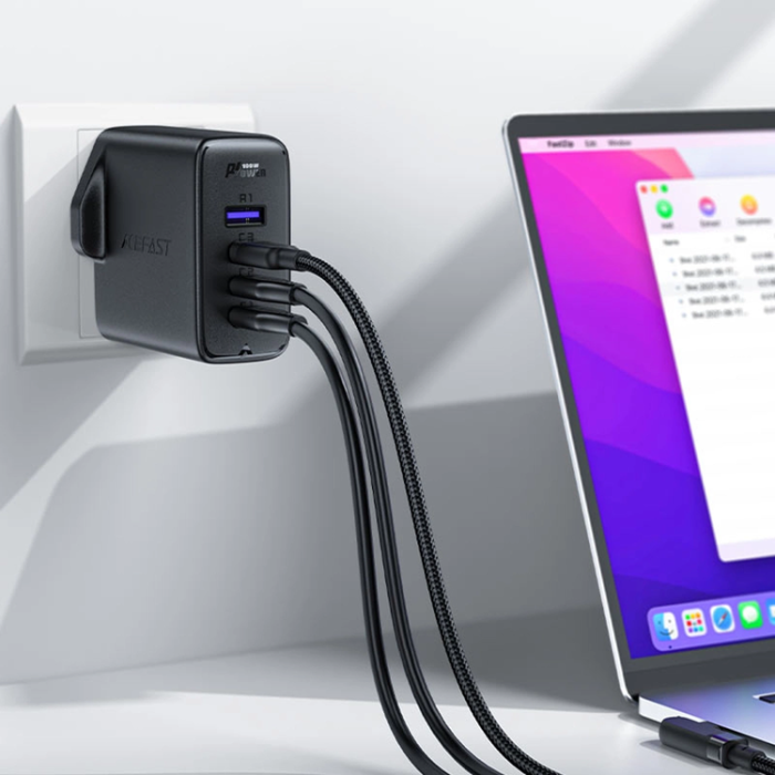 Acefast - Acefast GaN Snabbladdare 3x USB-C 1x USB 100W UK - Svart