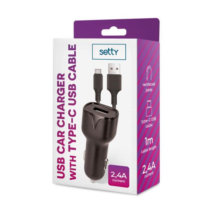 Setty - Setty Billaddare 1xUSB-A 2.4A med USB-C 1m Kabel - Svart