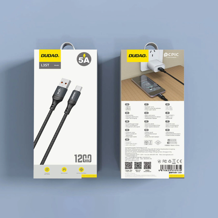 Dudao - Dudao USB-A - USB-C 5A Kabel 1.2m Braided - Svart