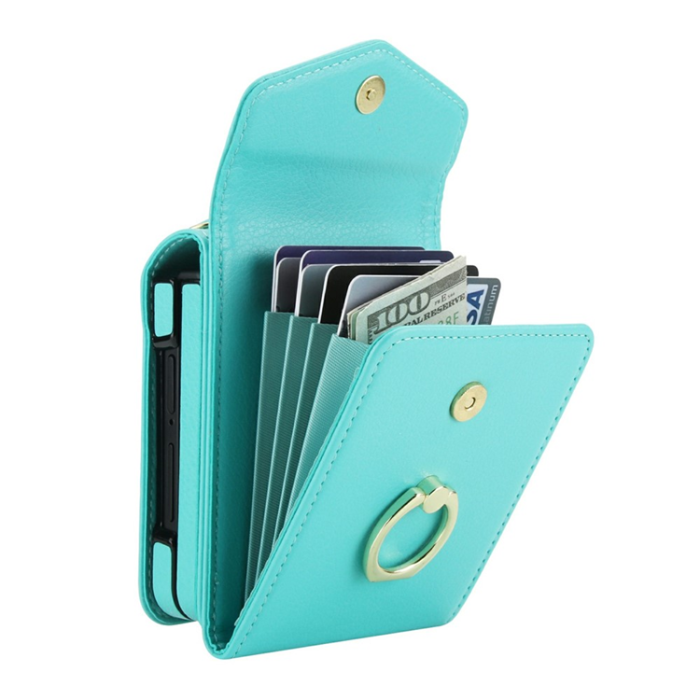 A-One Brand - Galaxy Z Flip7 Plånboksfodral Litchi med Axelrem - Mintgrön