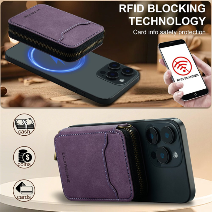 LC.imeeke - LC.IMEEKE Magsafe Korthållare L6 Zipper RFID Blocking - Lila