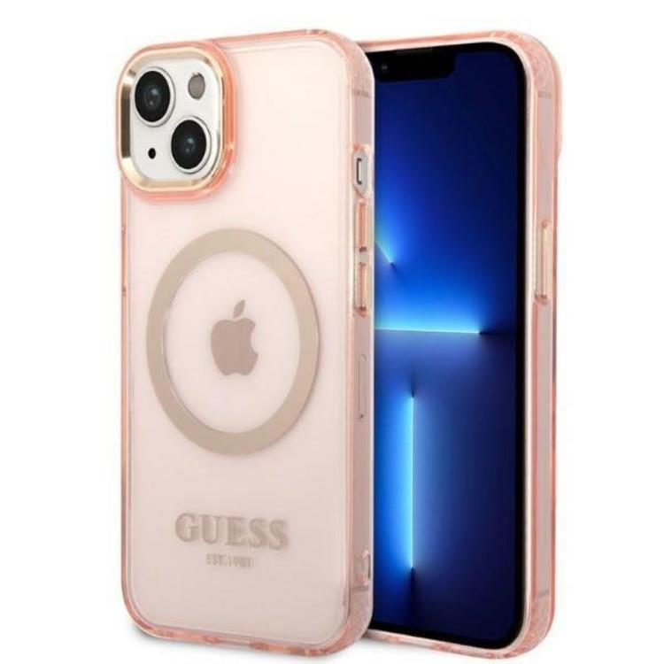 GUESS iPhone 14 Plus Skal MagSafe Gold Outline Translucent - Rosa | 2353 | AlltMobil