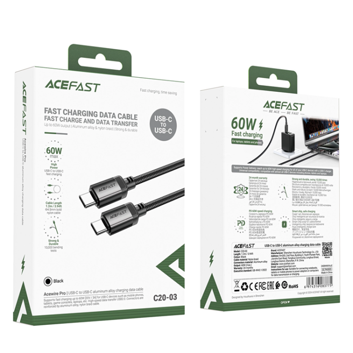 Acefast - Acefast USB-C - USB-C 3A Kabel 1.2m 480Mb/s - Svart