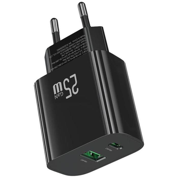USAMS - USAMS Snabbladdare 25W 1xUSB-C 1xUSB-A CC315 - Svart