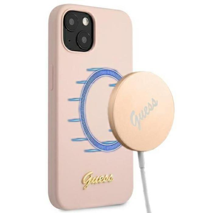 Guess - Guess iPhone 13 Skal Magsafe Silicone Script Gold Logo - LjusRosa