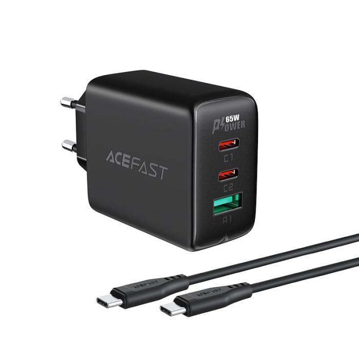 Acefast - Acefast 2in1 Väggladdare 2x USB-C Till USB 65W Kabel - Svart