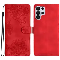 OEM - Mobilskal till Samsung Galaxy S26 Ultra KonstL&auml;der Fj&auml;rilsblommor - R&ouml;d